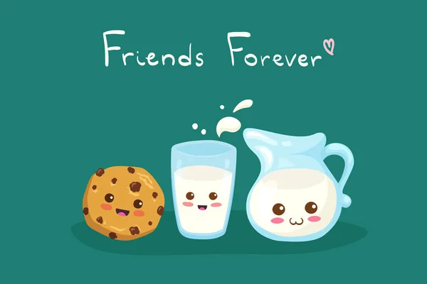 Kawaii Milk Cookie Friends Forever Молочного Скла Глечика Гарні Веселі — стоковий вектор