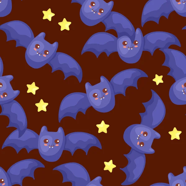 Sömlöst Vektormönster Med Kawaii Halloween Bat Söta Tecken Illustration För — Stock vektor