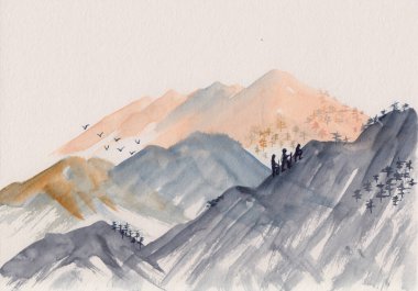Canlı gri dağ tepeleri olan suluboya manzara. Huzurlu, sakin bir el rahatlama, meditasyon ve restorasyon için doğa arka planını çizdi. İnsanlar dağlara tırmanıyor. Yürüyüş posterinin sanat tasarımı.