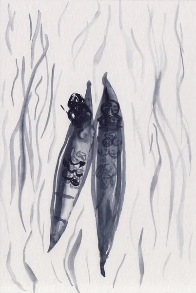 Υδατογραφία Εικονογράφηση Ψαράδες Βάρκες Ιστιοπλοΐα Του Ποταμού Κινέζικο Στυλ Μελάνι — Φωτογραφία Αρχείου