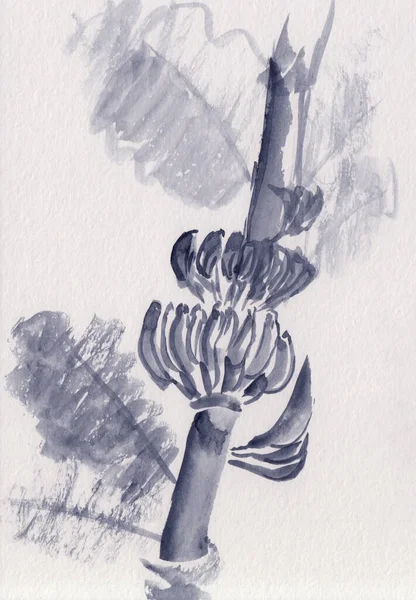 바나나 나무와 아시아 수채화를 그렸다 손으로 동양풍 배경에 중국식 — 스톡 사진