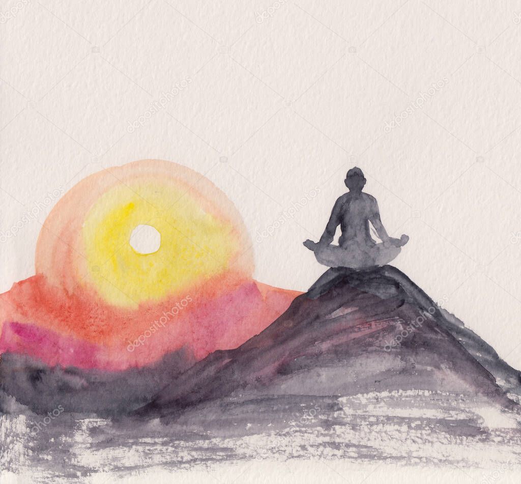 Watercolor painting with meditating man sitting on top of mountain. Colorful vibrant sunrise landscape. Meditation, relaxation background with person silhouette. Abstract serene artwork on paper.