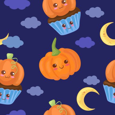 Kawaii Cadılar Bayramı Balkabağı ve Kek Karakterleri ile kusursuz vektör deseni. Dekoratif arka plan dokusu güzelmiş. Komik Azizler Günü duvar kâğıdı. Çizgi film tarzında. Paket kağıdı, kumaş baskısı.