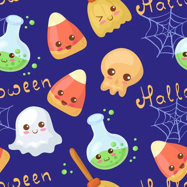 Безшовні Векторні Моделі Kawaii Halloween Corn Candy Ghost Broom Characters — стоковий вектор