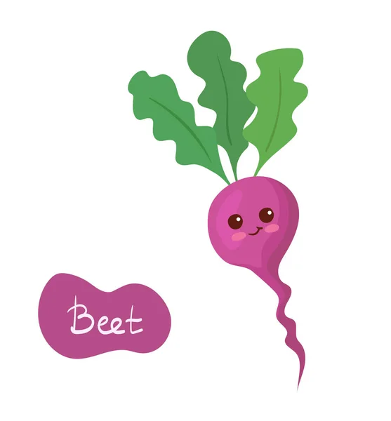 Kawaii有趣的粉红Beetroot有趣的矢量插图在平面卡通风格 用手绘字体涂鸦在白色背景上分离出健康可爱的蔬菜性状 儿童菜单概念 — 图库矢量图片