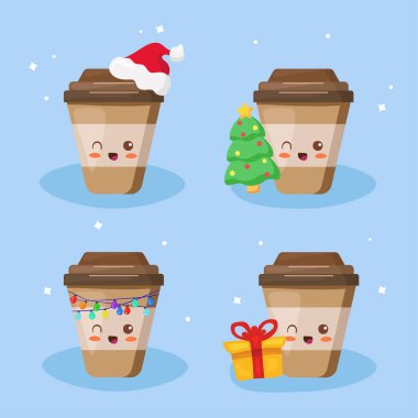 Kawaii Kahve Noel festivali koleksiyonu. Sevimli komik çizgi film karakterleri çizimi. Vektör Xmas & Yeni Yıl Gıda seti. Kafe mevsimlik promosyon, satış, kart, poster, baskı. Süslemeler için kahve.