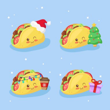 Kawaii Taco Noel festivali koleksiyonu. Sevimli gülümseyen çizgi film karakterleri çizimi. Vektör Xmas & Yeni Yıl Gıda seti. Kafe mevsimlik promosyon, indirim, kart, poster, menü. Sevimli Meksika fast food 'u.