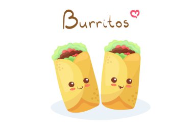 Kawaii Burritos karakterleri. Beyaz arka planda izole edilmiş baharatlı Meksika yemekleri olan şirin bir çizgi film çizimi. Çocuk menüsü, yemek salonu dekorasyonu, karalama şeklinde komik ve mutlu bir maskot..