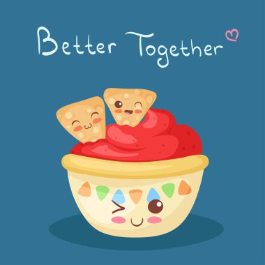 Tatlı Chili Bowl & nachos ile Kawaii stok vektör illüstrasyonu. Sevimli komik ve mutlu yemek karakterleri. Geleneksel Meksika baharatlı yemekleri. Gülen komik biber soslu harf. Çocuk menüsü tasarımı.
