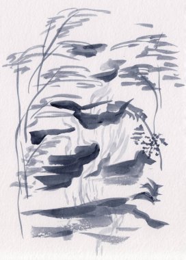 Dağlarda Asya şelalesi olan suluboya resim. Grunge el, su, kaya ve ağaçlarla doğuya özgü bir manzara çizdi. Dekorasyon, rahatlama, yenileme, meditasyon arka planı kavramı.