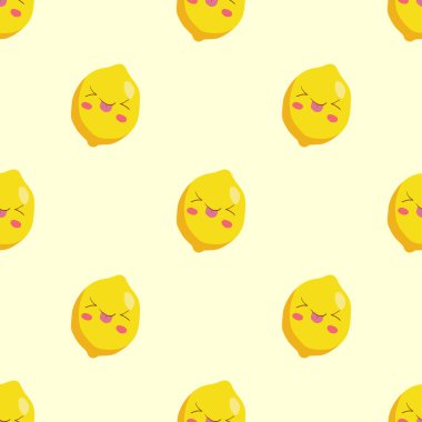 Komik Kawaii Limonlu, kusursuz vektör deseni. Sağlıklı yiyecekler sarı arka plan resimlerini tekrarlıyor. Gülümseyen mutlu turunçgiller. Çocuk menüsü dekorasyonu, tişört baskısı, poster, kart.