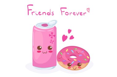 Pembe soda ve jöleli tatlı çörek. Vektör Kawaii beyaz arka planda izole edilmiş şirin çizgi film tarzında illüstrasyon içiyor. Komik fast-food tatlı maskotu. Şirin çocuk çizimi. Menü tasarım kavramı.
