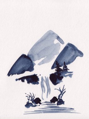 Dağlarda suluboya resim yapan bir şelale. Meditasyon, rahatlama ve restorasyon için Çin mürekkep stili soyut manzara stokla. Oda, kafe, dükkan veya Asya restoranı dekorasyonu için ideal.