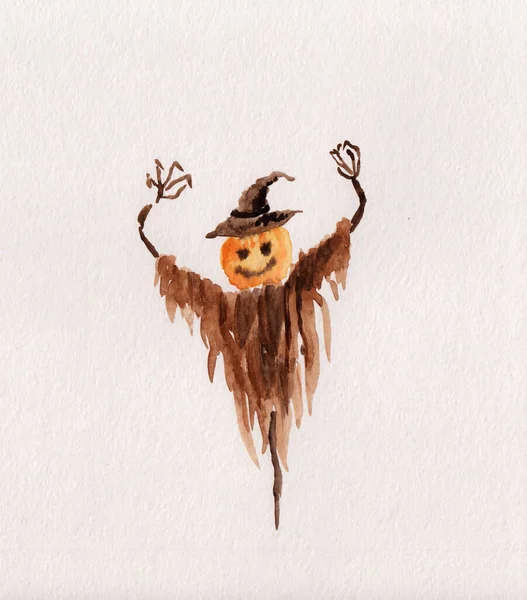 Watercolor Doodle Painting Scarecrow Trying Scare Someone Ideal Halloween Party — Stock Photo, Image