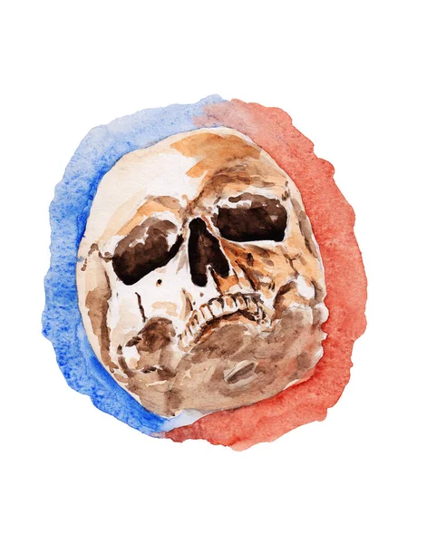 Stock sketch watercolor skull t-shirt design concept. Ideal for tattoo, cloth or barbershop decoration. Hand painted skull illustration on red & blue background with distinctive watercolor splashes.