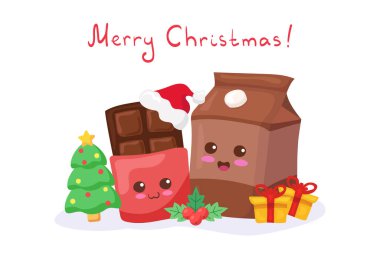 Kawaii stok vektör illüstrasyonunda tatlı çikolatalı süt, Noel Baba şapkası ve hediyeler. Komik, mutlu yemek karakterleri. Gülümseyen Yeni Yıl ve Noel öğeleri. Çocuk menüsü, kartlar, harfli satış..
