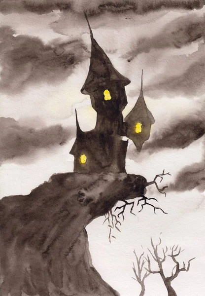 Handgemalte Einfarbige Dunkle Geheimnisvolle Burg Auf Der Hügellandschaft Stock Halloween — Stockfoto