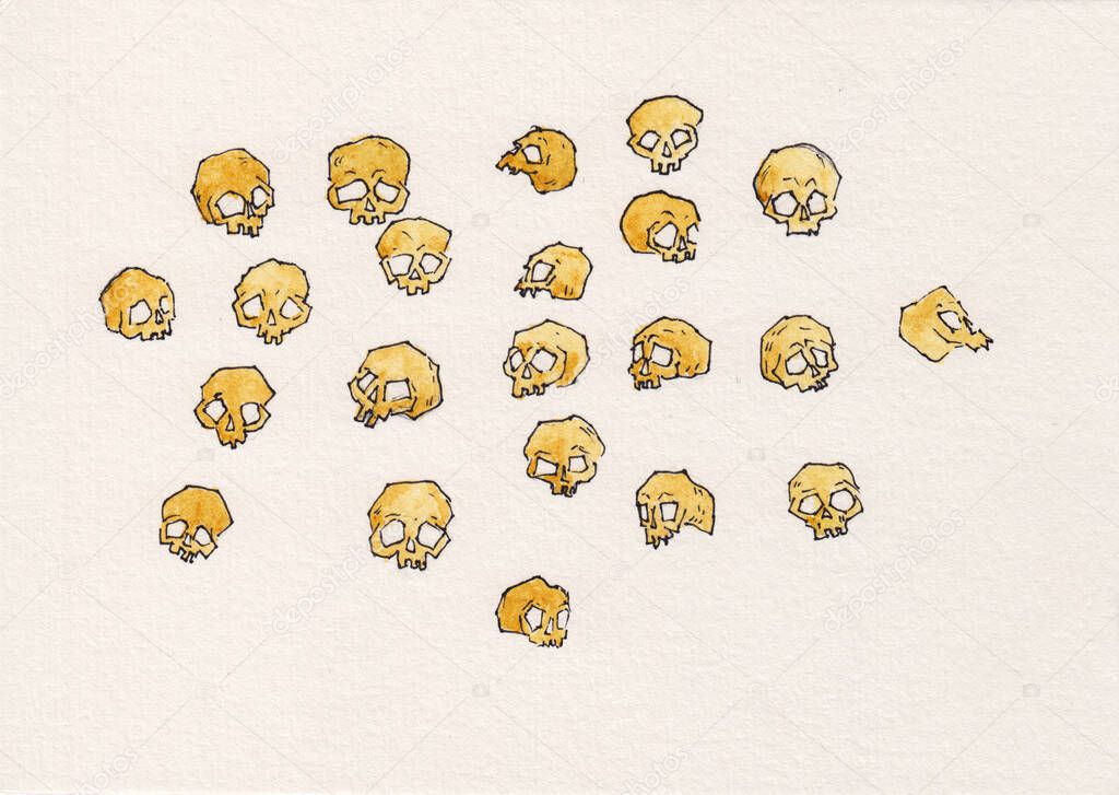 Cute watercolor hand drawn illustration with skulls on paper. Small yellow skeletons doodle. Funny & cute sketchy bones. Halloween or Day of the Dead in Mexico decoration elements set.