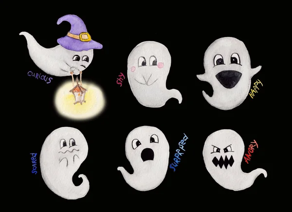 Aquarelle Sertie Fantômes Mignons Avec Des Émotions Kawaii Halloween Dessin — Photo