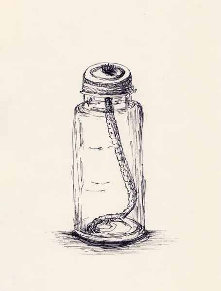 用玻璃瓶做的蜡烛的笔画 手绘的艺术品在纸上 手工制造室内装饰图解 舒适的家的想法在Hygge风格 旧瓶子零浪费可爱的概念 — 图库照片