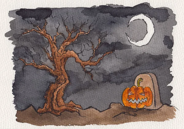 Aquarell Handzeichnung Dunkler Nächtlicher Landschaft Gruseliger Halloween Hintergrund Kahle Silhouetten — Stockfoto