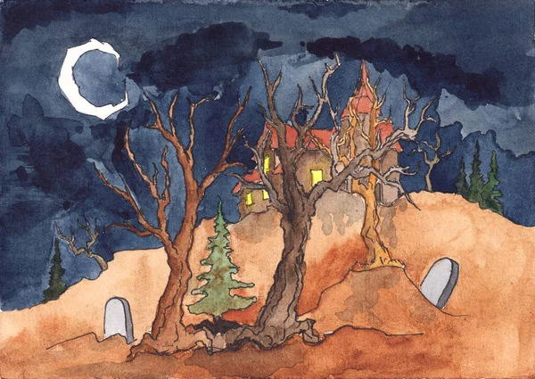 Watercolor hand drawing of dark night landscape. Spooky Halloween background. Bare dead trees silhouettes, haunted creepy castle & bright moon on dark cloudy sky. Mysterious background concept design.