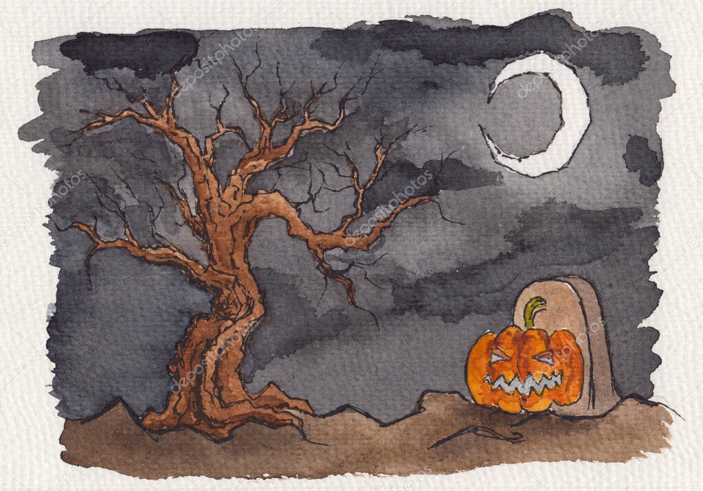 Watercolor hand drawing of dark night landscape. Spooky Halloween background. Bare dead trees silhouettes, haunted creepy castle & bright moon on dark cloudy sky. Mysterious background concept design.