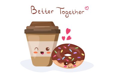 Şekerli çikolatalı donutla kahve fincanı. Beyaz arka planda izole edilmiş şirin çizgi film tarzında vektör kawaii yemek illüstrasyonu. Komik tatlı maskotu. Şirin çocuklar için kafe tasarımı konsepti.