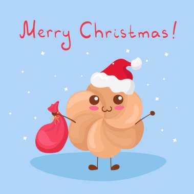 Kawaii hisse senedi vektör illüstrasyonu ve Santa Hat 'ta şirin kurabiyeler. Yazılı mutlu komik yemek karakteri. Mutlu yıllar ve mutlu noeller. Çocuklar için tatil menüsü, yazdırma, poster.