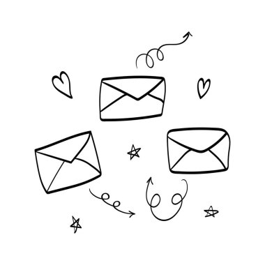 Beyaz arka planda izole edilmiş karalama zarfları. Posta temalı el çizimi sanat eseri. Sevgililer Günü konsepti. Dekorasyon, davet, web sitesi, e-posta dağıtımı, kart için grafiksel ögeler.