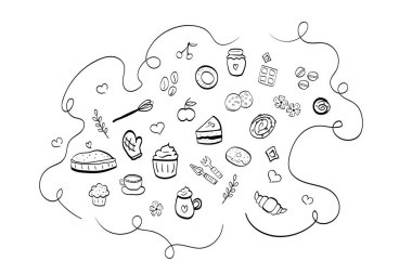 Büyük fırın teması beyaz arka planda izole edilmiş şirin karalama tarzında ayarlandı. Kafe, restoran, dükkan için el çizimi karikatür çizimi. Baskı, terfi, poster için iyi. Turta, kahve, kek..