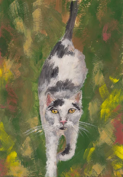Acrylics sketch painting of black & white domestic cat walking in grass outdoors. Artwork on paper. Cute kitty vertical background. Decoration for pet shop, fabric print, wallpaper. Feline portrait.