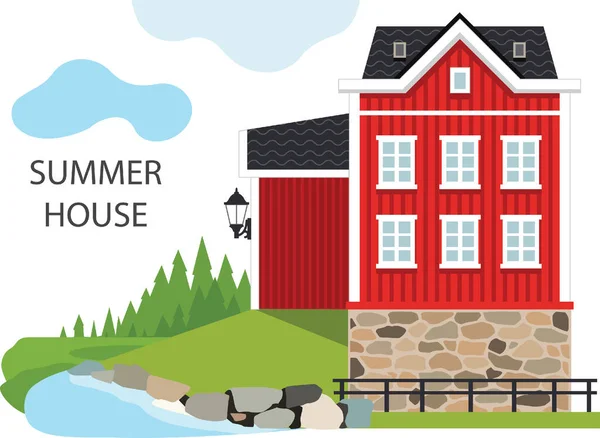 Czerwony Klasyczny Szwedzki Dom Lesie Ilustracja Wektorowa Może Być Używana — Wektor stockowy