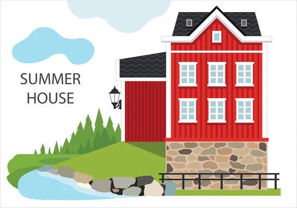 Czerwony Klasyczny Szwedzki Dom Lesie Ilustracja Wektorowa Może Być Używana — Wektor stockowy
