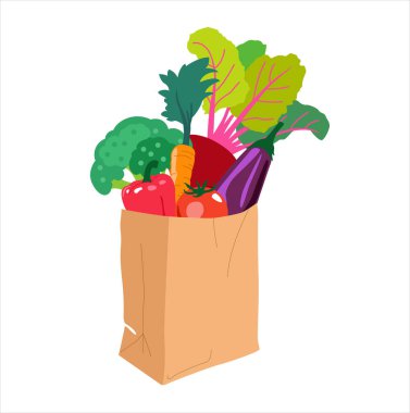 Dükkandan gelen ürünlerle dolu bir paket. Yararlı ürünler. Evinize yemek teslimatı. Vektör illüstrasyonu.