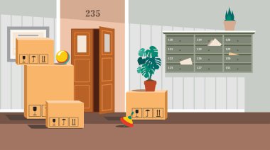 Moving concept, cardboard carton boxes with household belongings in corridor, packed boxes on floor in new home, relocation, removals and delivery service. Flat Vector Illustration for background.  clipart