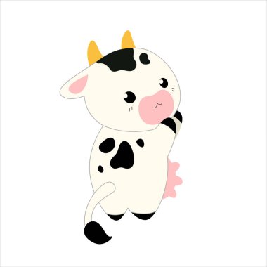 İzole edilmiş beyaz arka planda şirin vektör inek. Bir kawaii tarzı çizgi film karakteri. Çocuk odası, baskı, poster ya da tebrik kartı için vahşi hayvan ve evcil hayvan dolu şirin bir hayvanat bahçesi