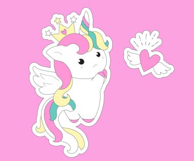 Şirin tek boynuzlu at prenses çizgi film midilli çocuk vektörü, kalbi olan Kawaii hayvan karakteri, çocuk masalı büyüsü. Tebrik kartı, tişört ve moda sanatı için.. 