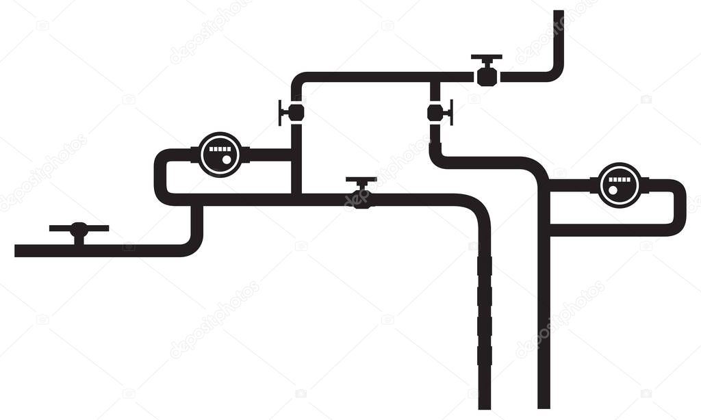  Metal pipe. Water supply system, heat supply, Sewerage of the house on an isolated background. Flat Concept in black and white. Vector illustration.