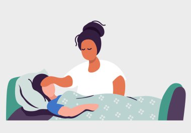 Hasta çocuk battaniyenin altında yatar. Hasta kız üşütmüş, grip olmuş, grip belirtileri göstermiş, koronavirüs olmuş. Annemle birlikte evde. Düz vektör illüstrasyonu