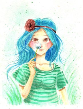 Leylak saçlı bir kızın suluboya çizimi