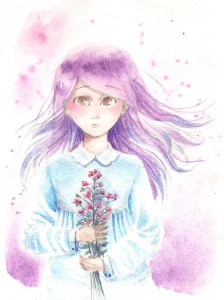 Watercolor Illustration Girl Dandelion Grass — Stock Photo, Image