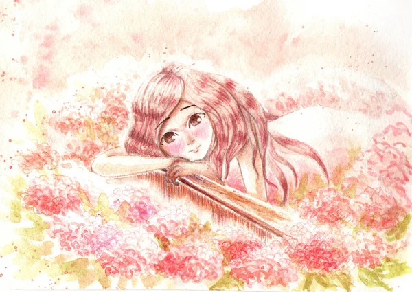 花の中の少女の水彩画 — ストック写真