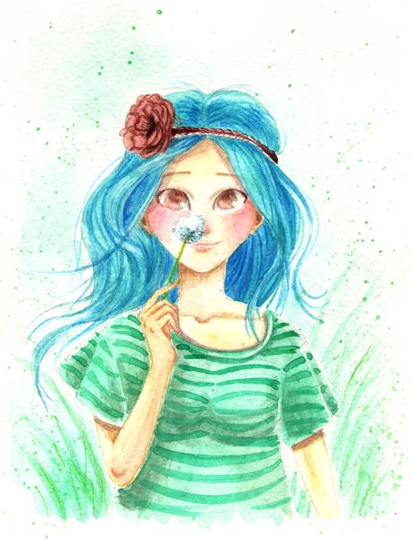 Ilustração Aquarela Menina Com Cabelo Lilás — Fotografia de Stock