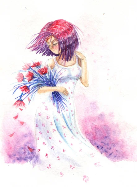 Aquarel Illustratie Van Meisje Bruid Met Bloemen — Stockfoto