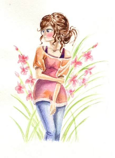 Aquarell Illustration Eines Mädchens Mit Gladiolen — Stockfoto