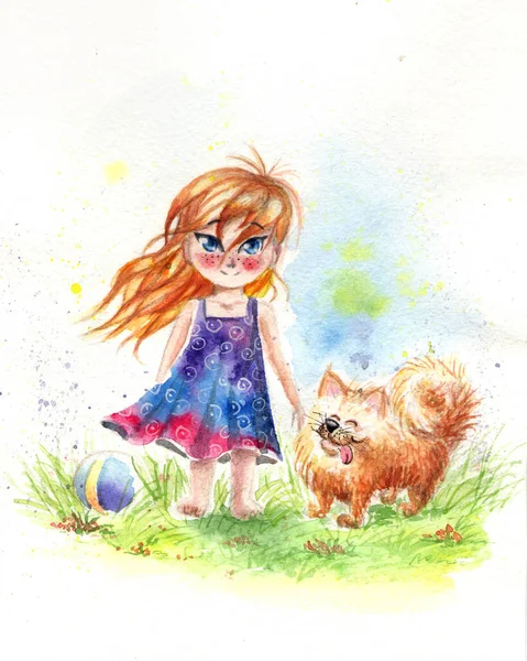犬とボールを持つ少女の水彩画です — ストック写真