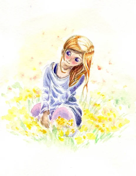 Aquarell Illustration Eines Mädchens Gelben Blumen — Stockfoto