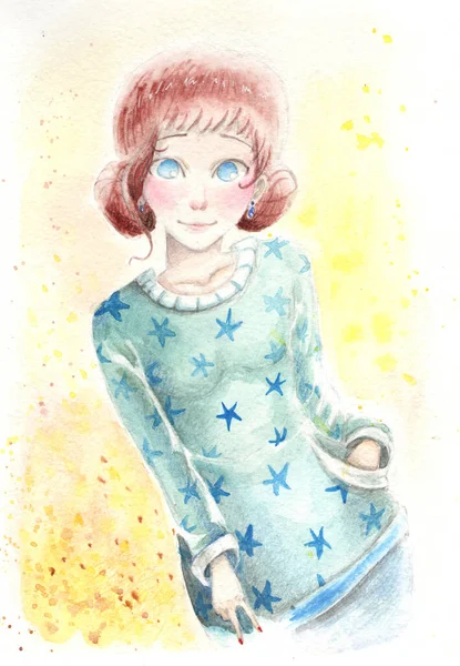 Illustration Aquarelle Une Fille Dans Pull Bleu — Photo