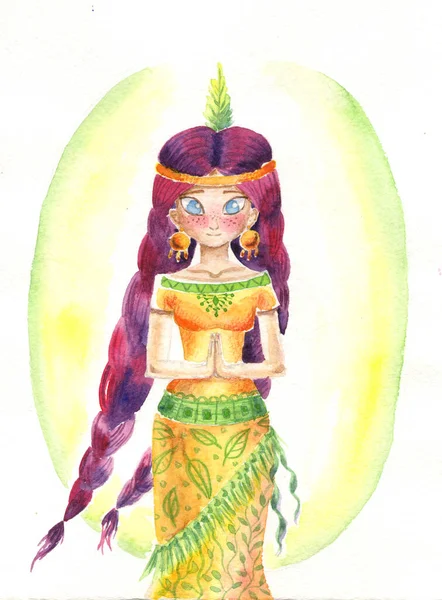 Aquarell Illustration Eines Mädchens Einem Indischen Kleid — Stockfoto